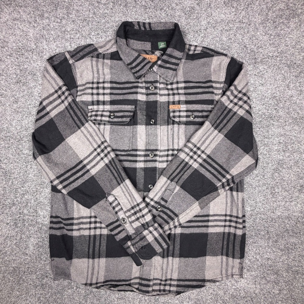 Orvis Mens Gray Black Plaid Flannel Button Down Shirt Medium Long Sleeve Pockets
